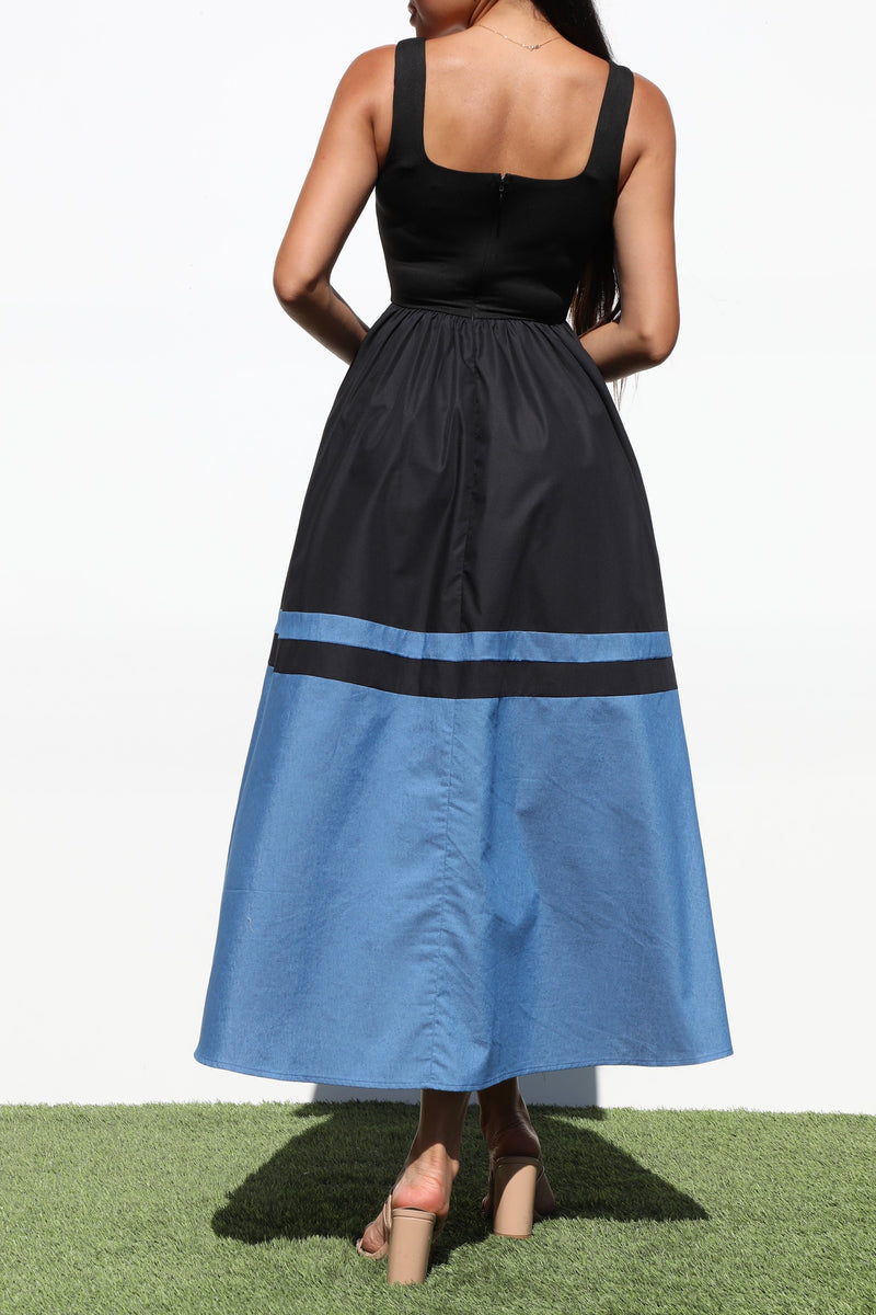 DD7035, SQUARE NECK DENIM MIDI DRESS