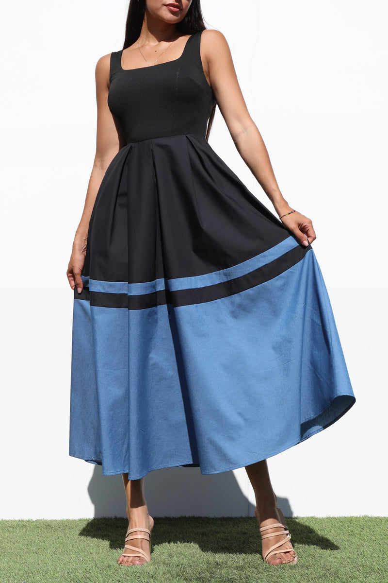 DD7035, SQUARE NECK DENIM MIDI DRESS