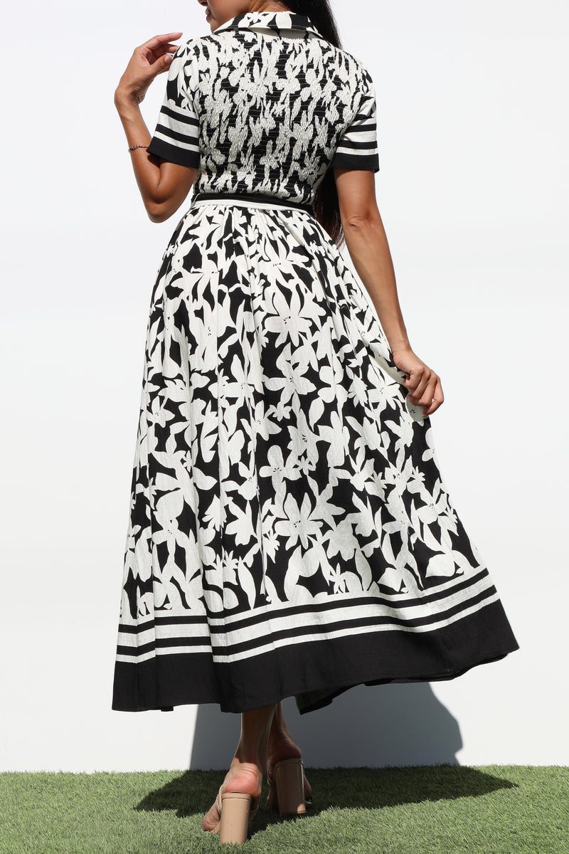 DD7188, PRINTED BUTTON DOWN MIDI DRESSES