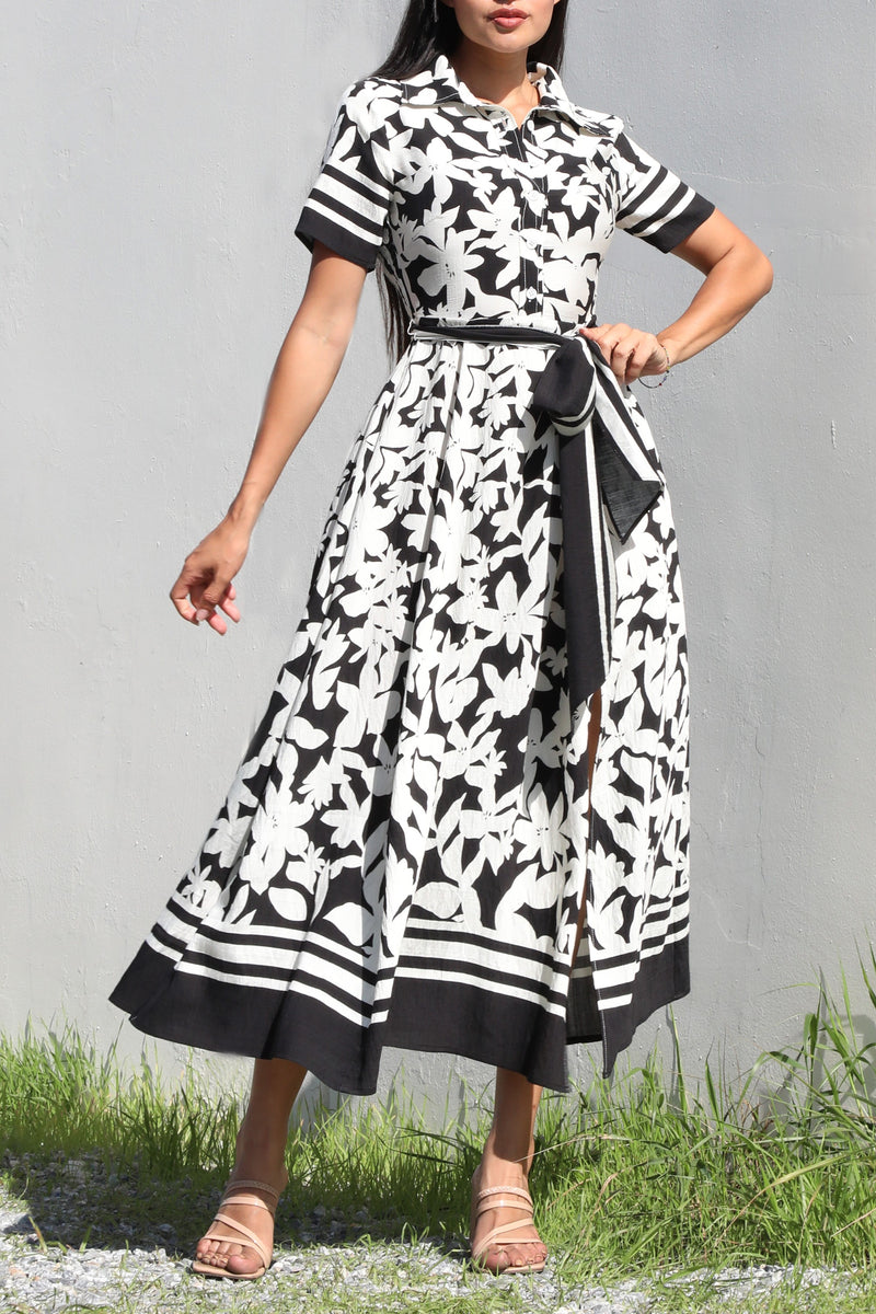 DD7188, PRINTED BUTTON DOWN MIDI DRESSES