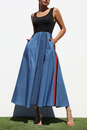 DD7183, BLOCK DENIM MIDI DRESSES