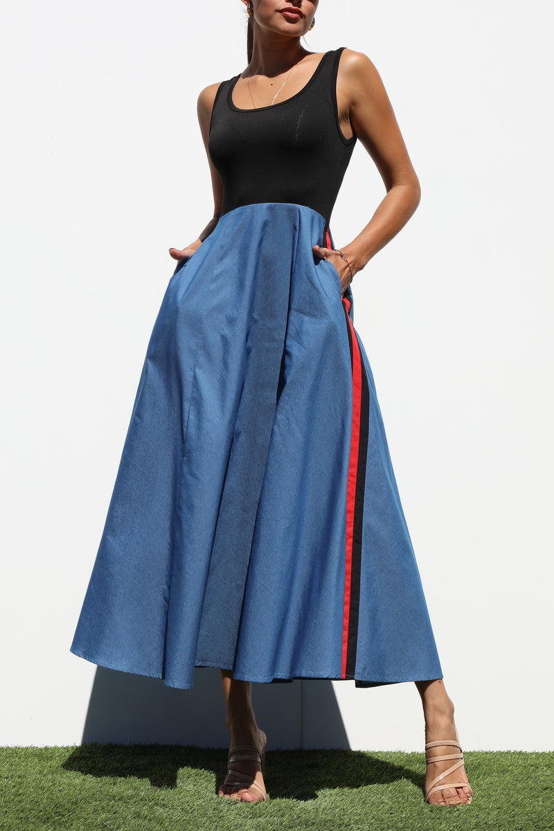 DD7183, BLOCK DENIM MIDI DRESSES