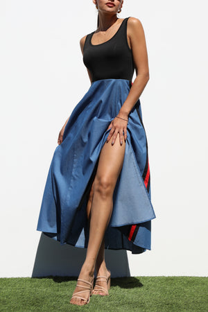 DD7183, BLOCK DENIM MIDI DRESSES