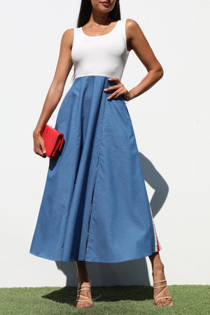DD7183, BLOCK DENIM MIDI DRESSES