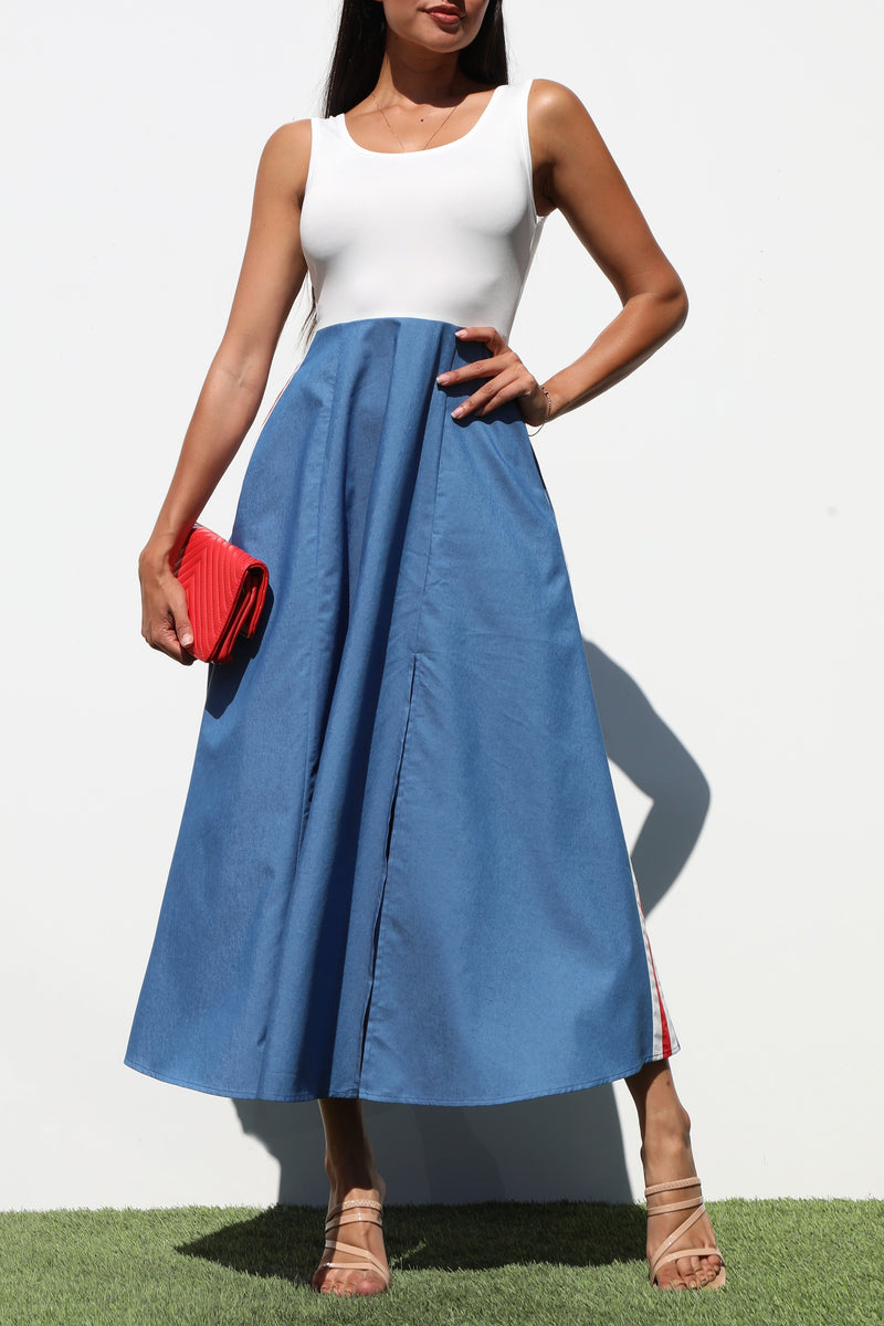 DD7183, BLOCK DENIM MIDI DRESSES