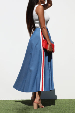 DD7183, BLOCK DENIM MIDI DRESSES