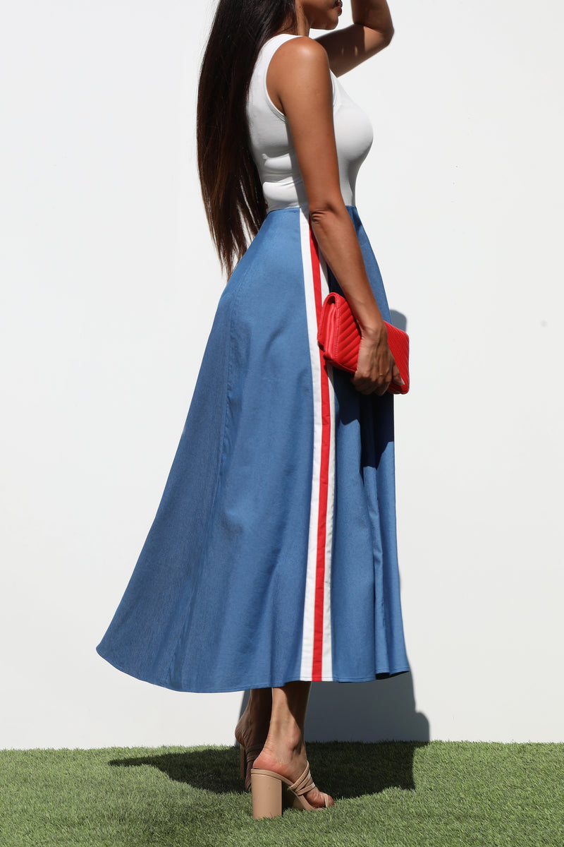 DD7183, BLOCK DENIM MIDI DRESSES