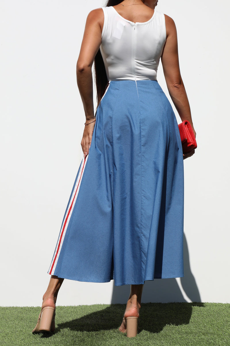DD7183, BLOCK DENIM MIDI DRESSES