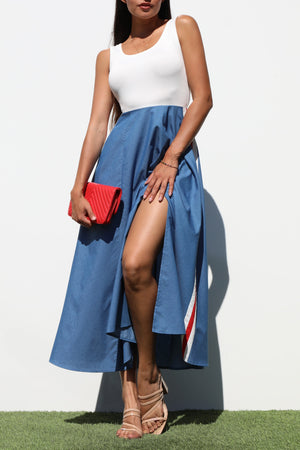 DD7183, BLOCK DENIM MIDI DRESSES
