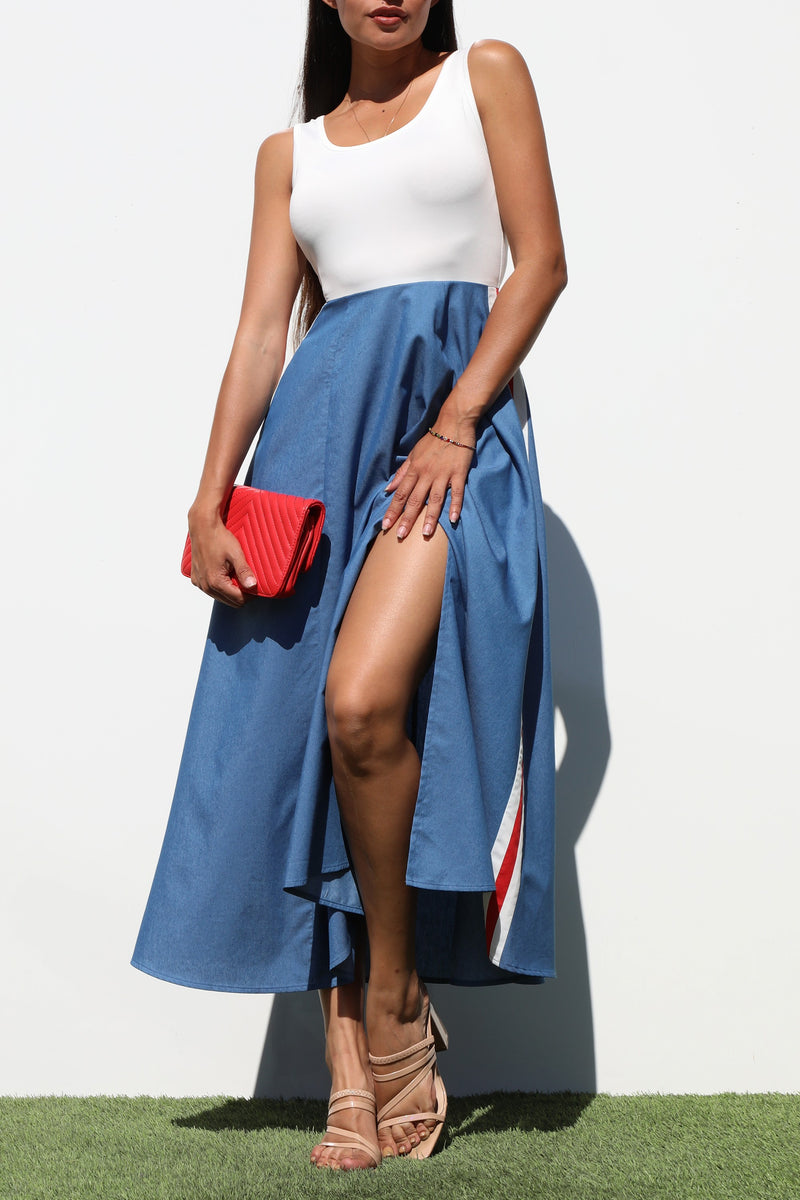 DD7183, BLOCK DENIM MIDI DRESSES