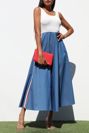 DD7183, BLOCK DENIM MIDI DRESSES