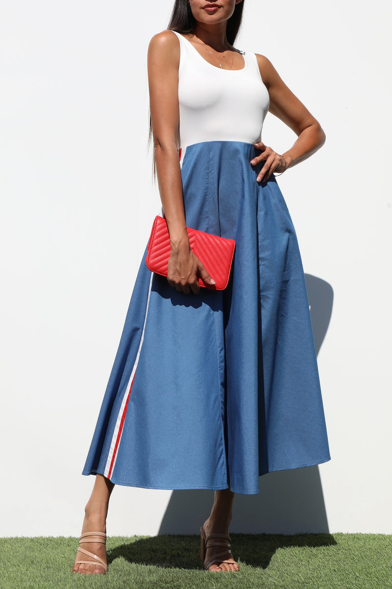 DD7183, BLOCK DENIM MIDI DRESSES