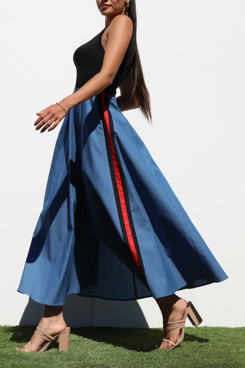 DD7183, BLOCK DENIM MIDI DRESSES