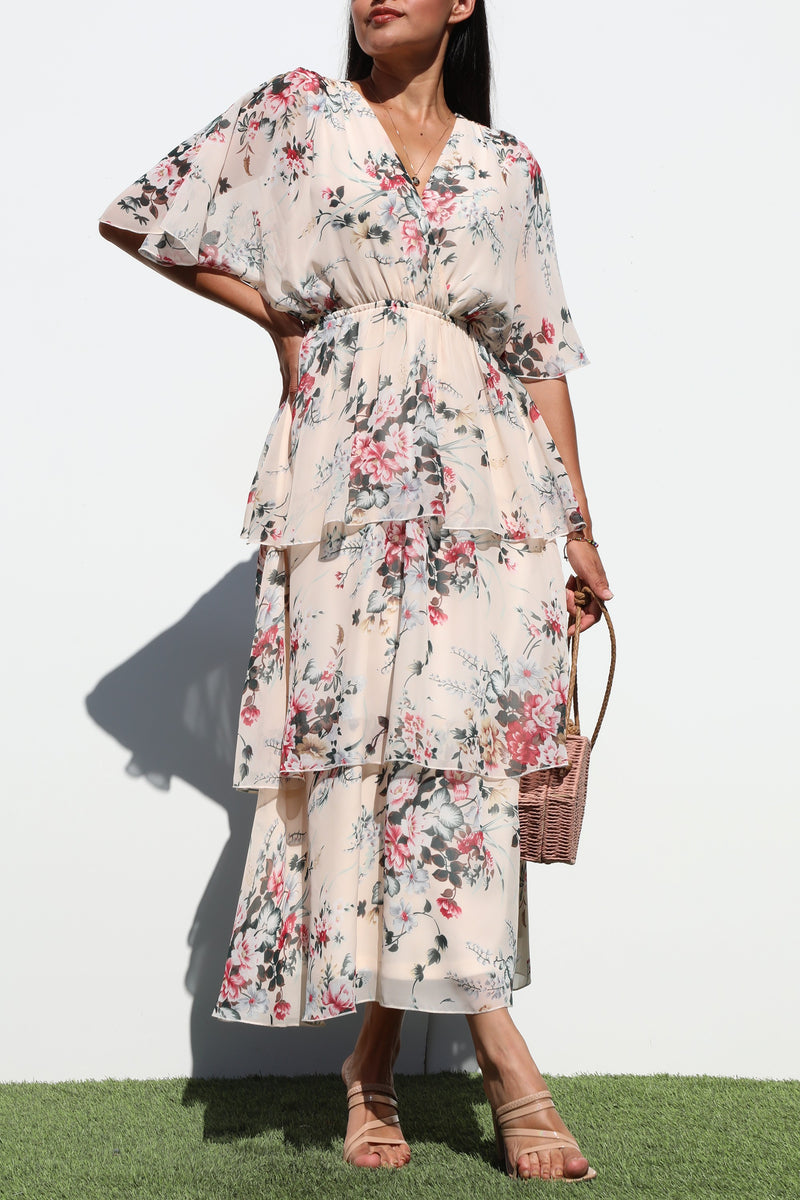 DD7214, FLORALS TIERED WOVEN MIDI DRESSES