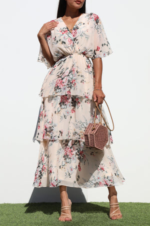DD7214, FLORALS TIERED WOVEN MIDI DRESSES
