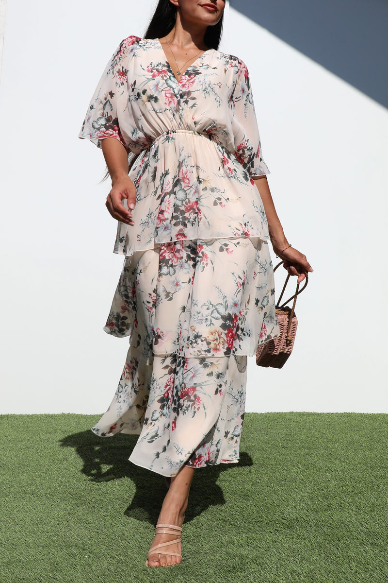 DD7214, FLORALS TIERED WOVEN MIDI DRESSES