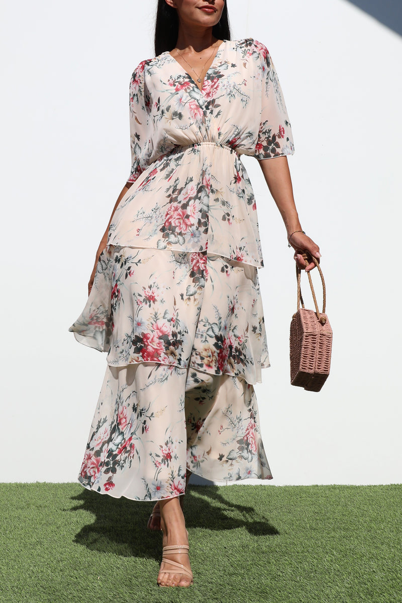 DD7214, FLORALS TIERED WOVEN MIDI DRESSES