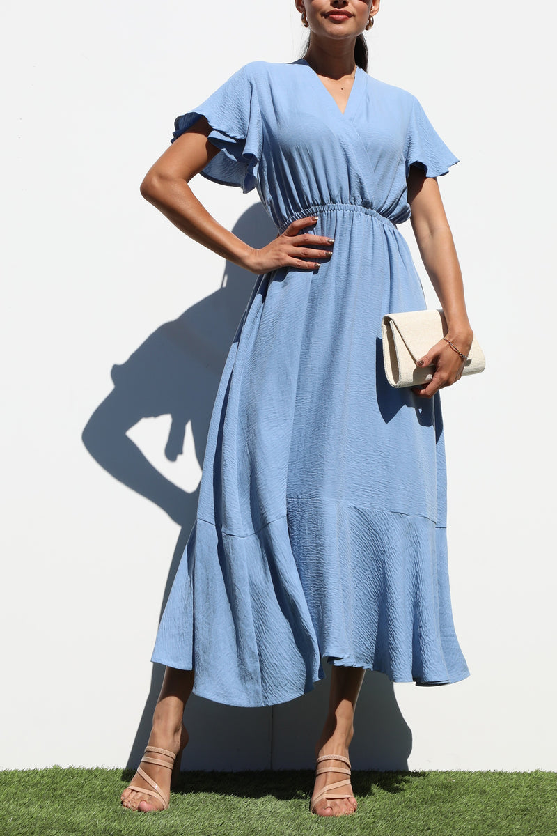 DD7206, V NECK WOVEN MIDI DRESS