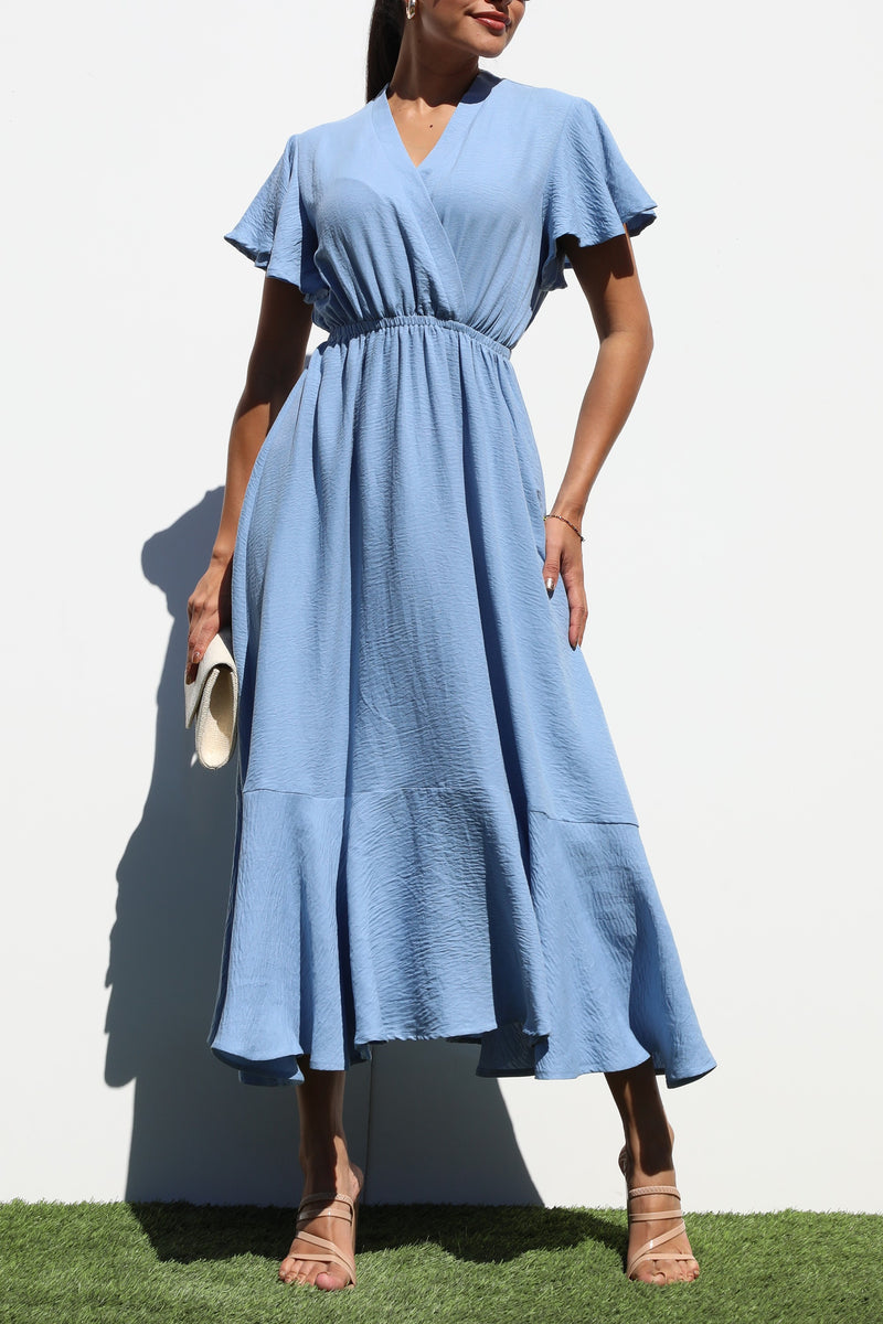 DD7206, V NECK WOVEN MIDI DRESS