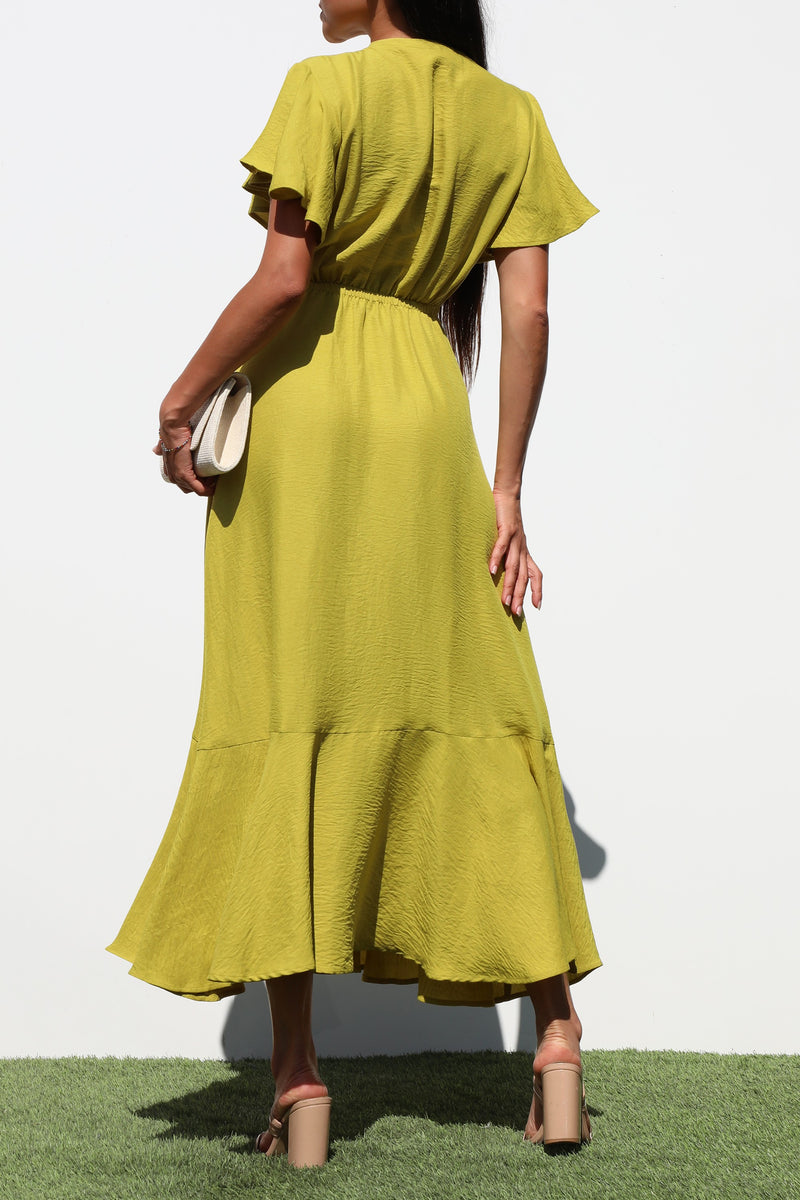 DD7206, V NECK WOVEN MIDI DRESS
