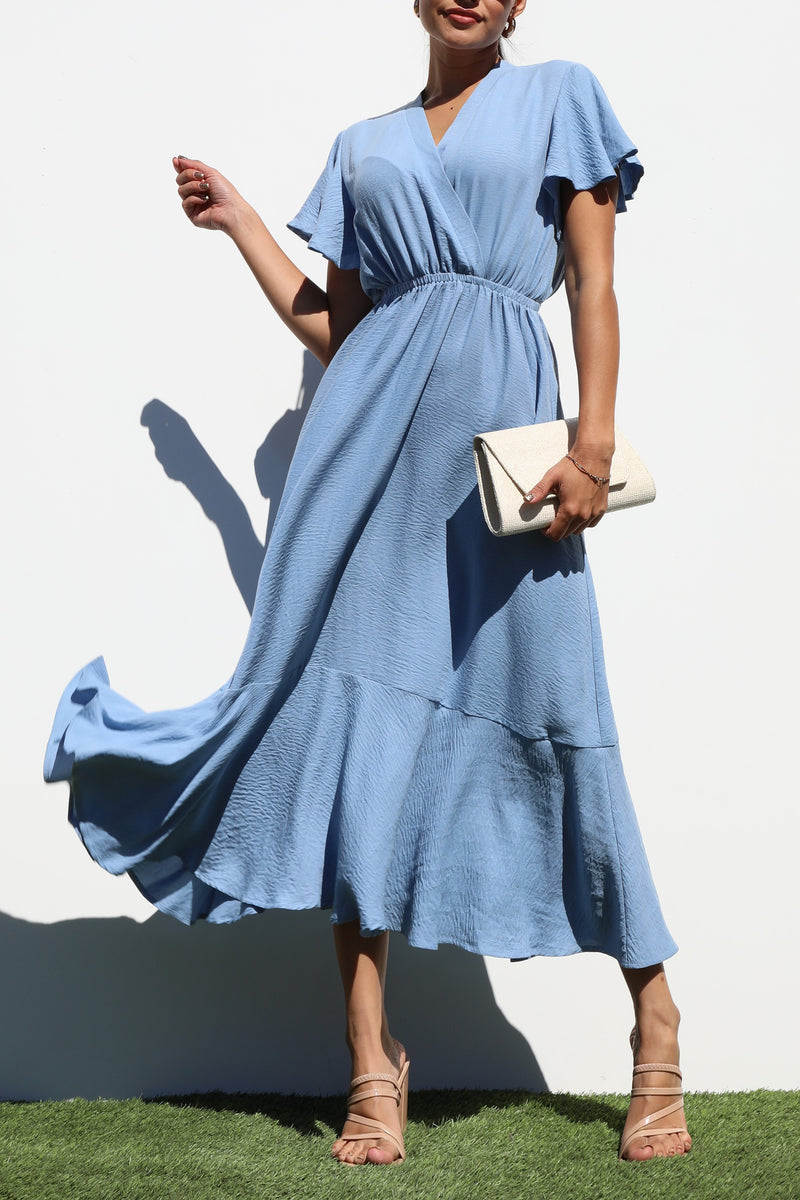 DD7206, V NECK WOVEN MIDI DRESS