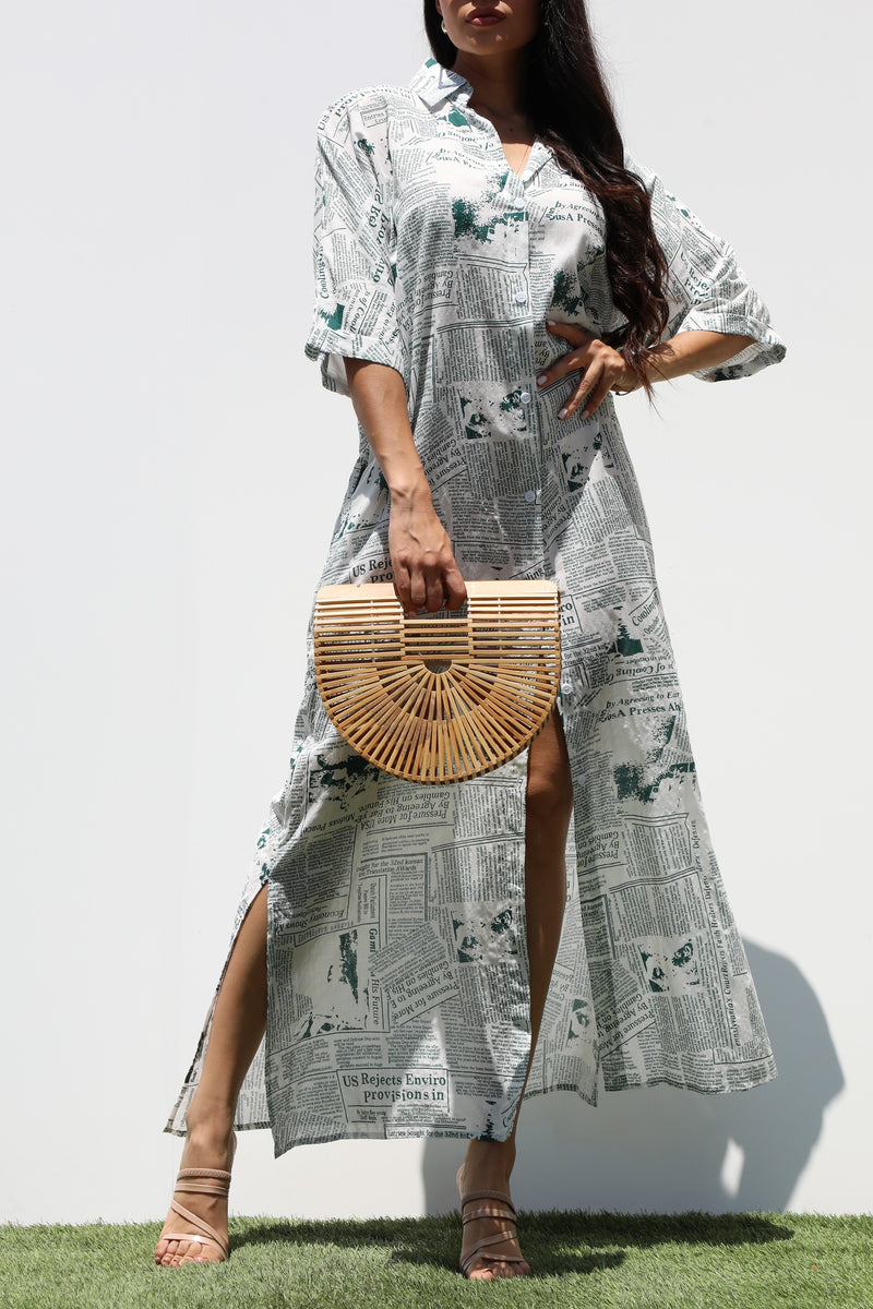 DD3265, PRINTED BUTTON DOWN WOVEN SHIRT DRESS