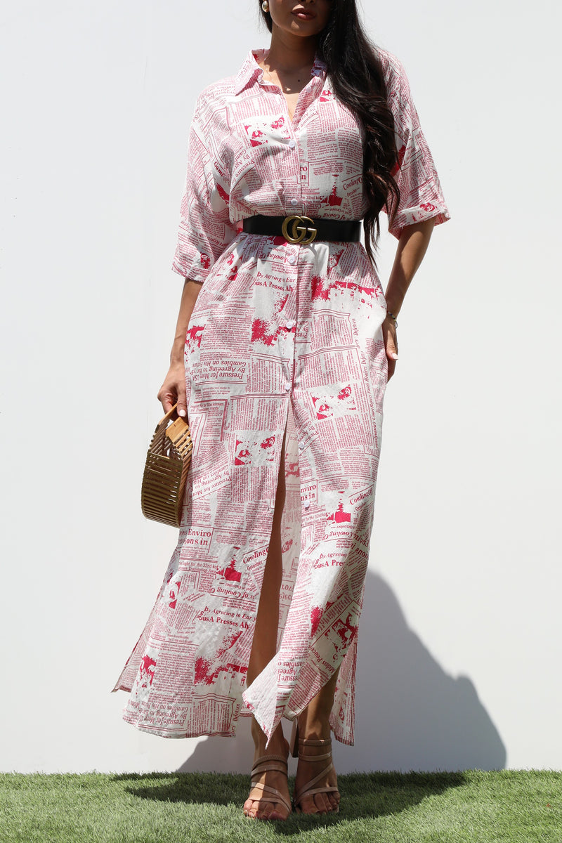 DD3265, PRINTED BUTTON DOWN WOVEN SHIRT DRESS