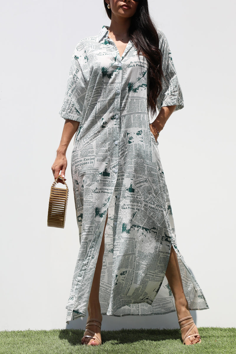DD3265, PRINTED BUTTON DOWN WOVEN SHIRT DRESS