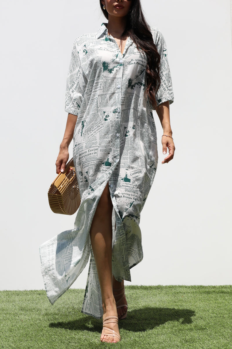 DD3265, PRINTED BUTTON DOWN WOVEN SHIRT DRESS