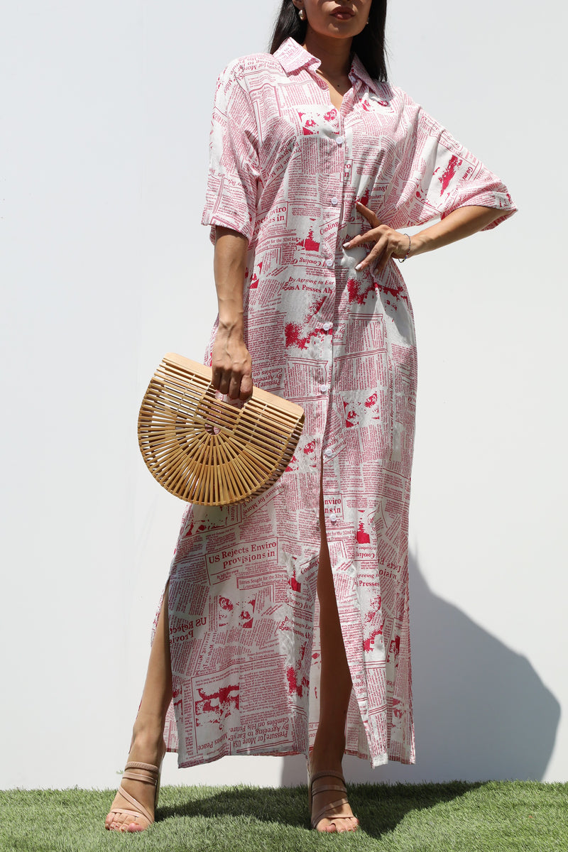 DD3265, PRINTED BUTTON DOWN WOVEN SHIRT DRESS