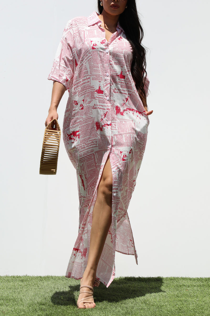 DD3265, PRINTED BUTTON DOWN WOVEN SHIRT DRESS