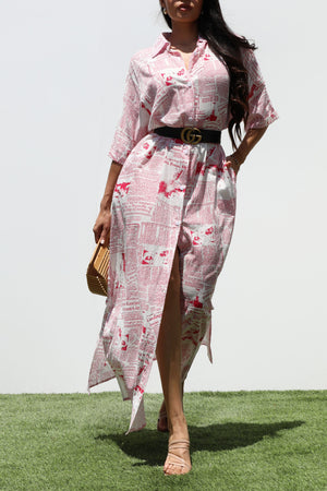 DD3265, PRINTED BUTTON DOWN WOVEN SHIRT DRESS