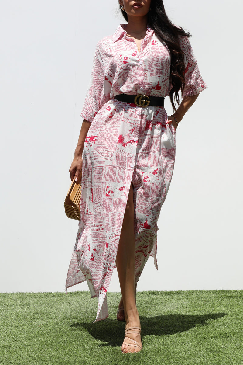 DD3265, PRINTED BUTTON DOWN WOVEN SHIRT DRESS