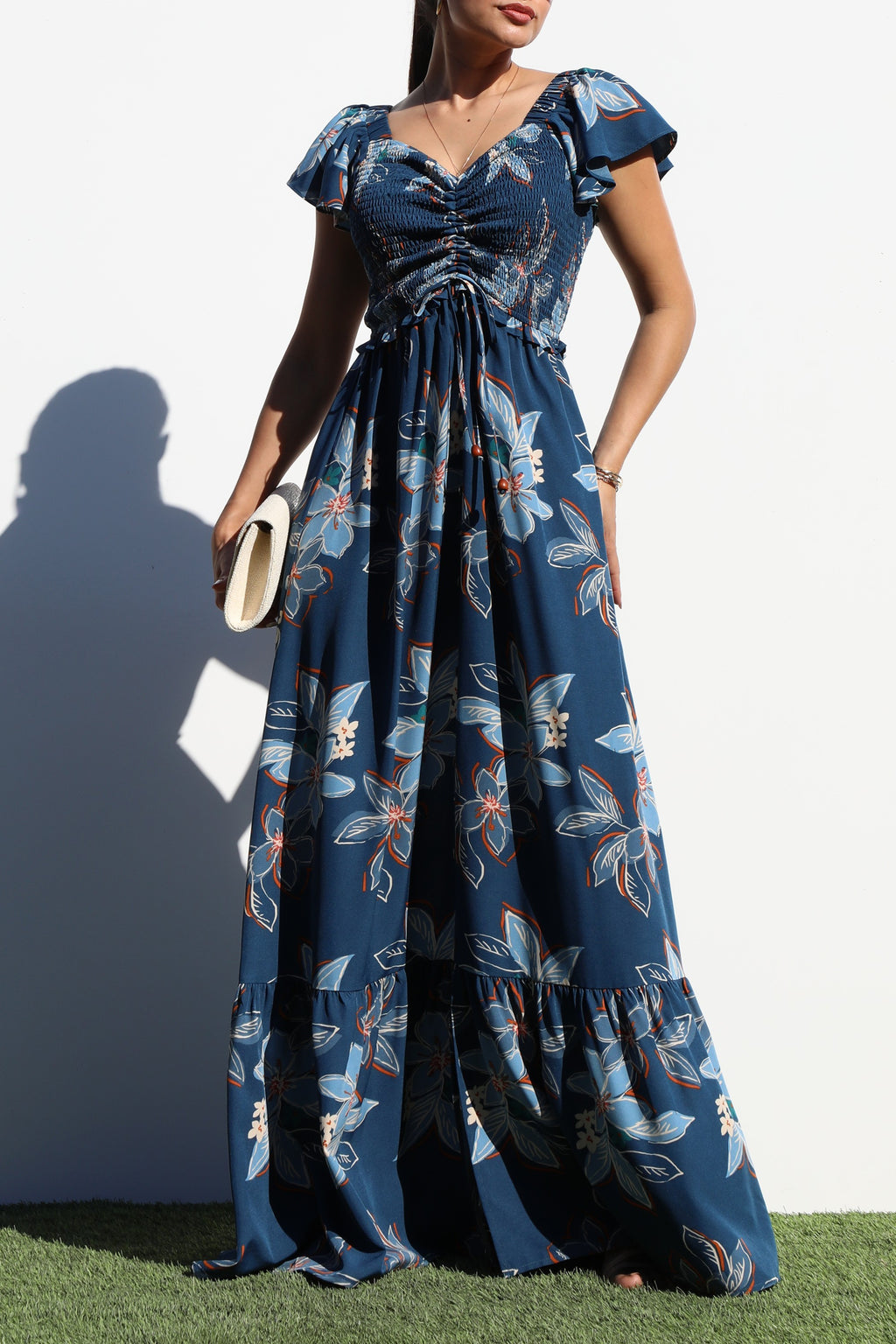 DD7060, SMOCKED TOP WOVEN MAXI DRESS