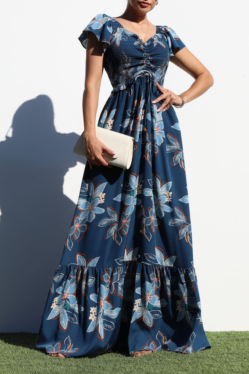 DD7060, SMOCKED TOP WOVEN MAXI DRESS