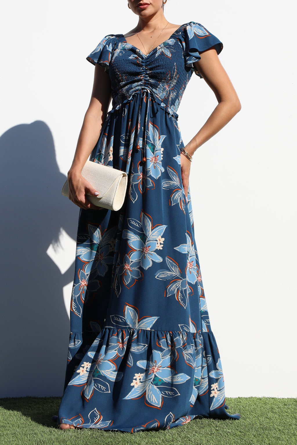 DD7060, SMOCKED TOP WOVEN MAXI DRESS