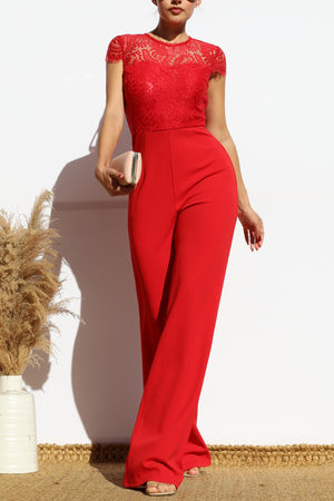 DD7986, LACE TOP SHORT SLEEVE KNIT JUMPSUIT