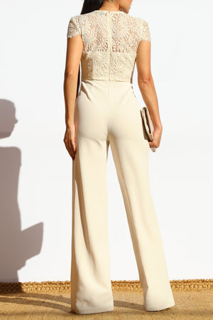 DD7986, LACE TOP SHORT SLEEVE KNIT JUMPSUIT