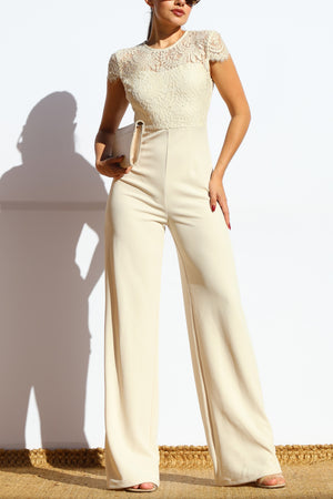 DD7986, LACE TOP SHORT SLEEVE KNIT JUMPSUIT