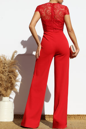 DD7986, LACE TOP SHORT SLEEVE KNIT JUMPSUIT