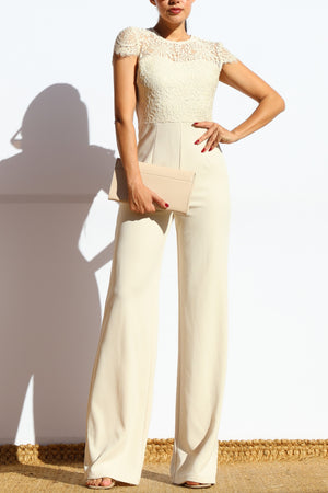 DD7986, LACE TOP SHORT SLEEVE KNIT JUMPSUIT