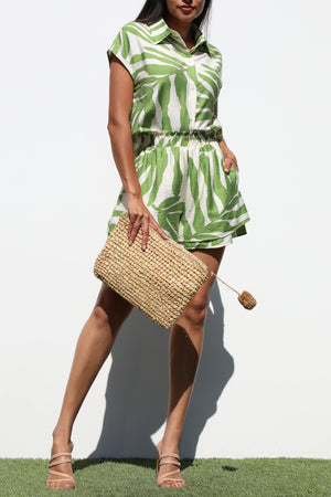 DD7234, PRINTED BUTTON DOWN WOVEN TOP AND PANT SET