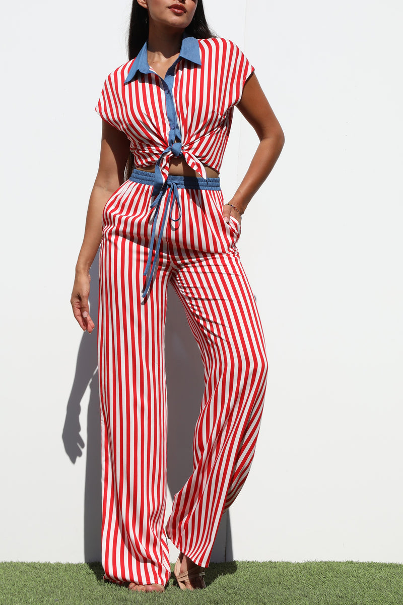 DD7189, STRIPED WOVEN TOP AND PANT SET