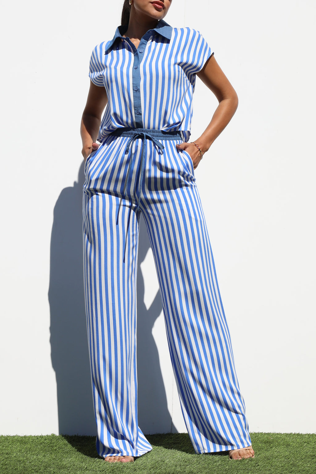 DD7189, STRIPED WOVEN TOP AND PANT SET