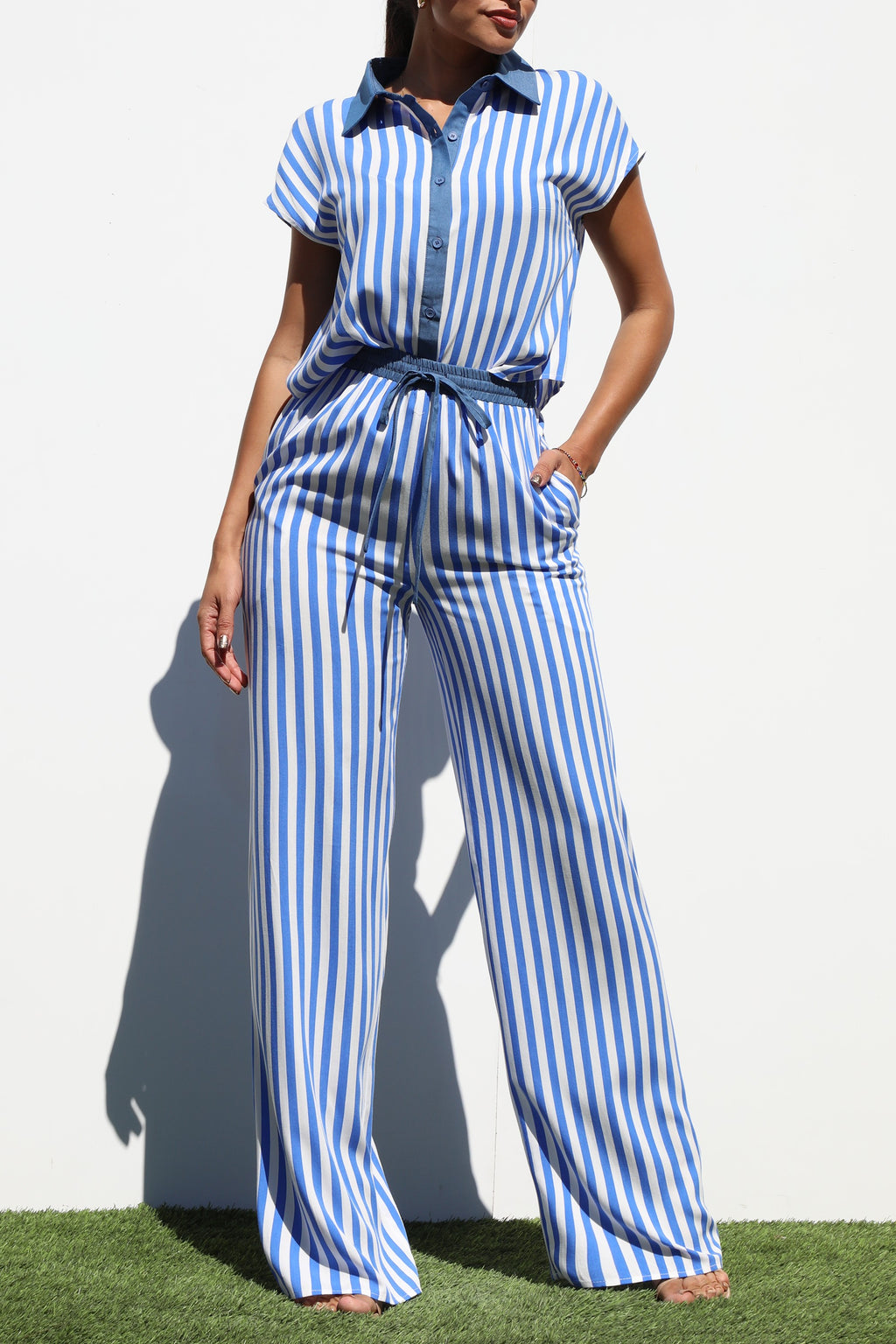 DD7189, STRIPED WOVEN TOP AND PANT SET