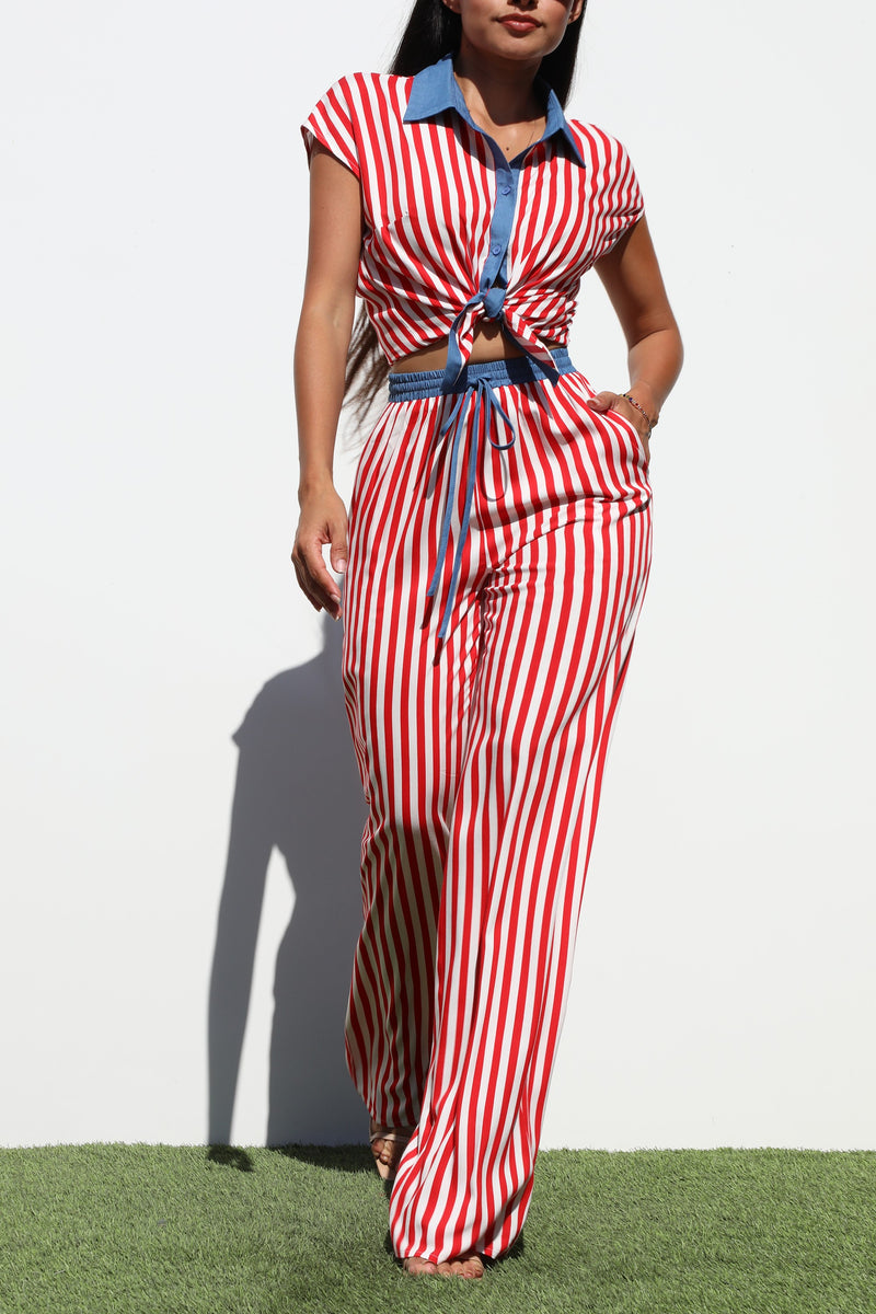 DD7189, STRIPED WOVEN TOP AND PANT SET