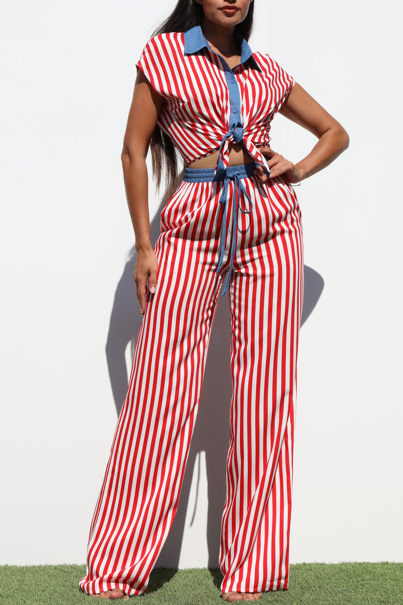 DD7189, STRIPED WOVEN TOP AND PANT SET