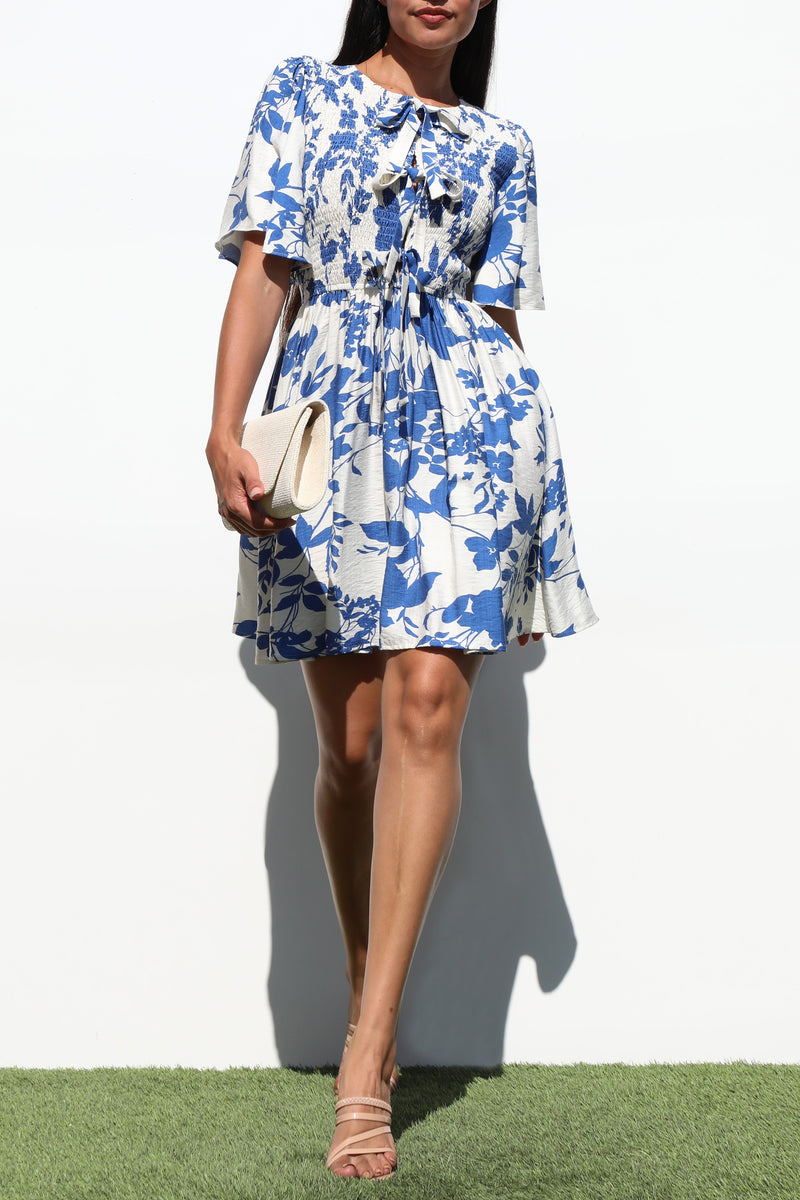 DD7245, SMOCKED TOP WOVEN MINI DRESSES