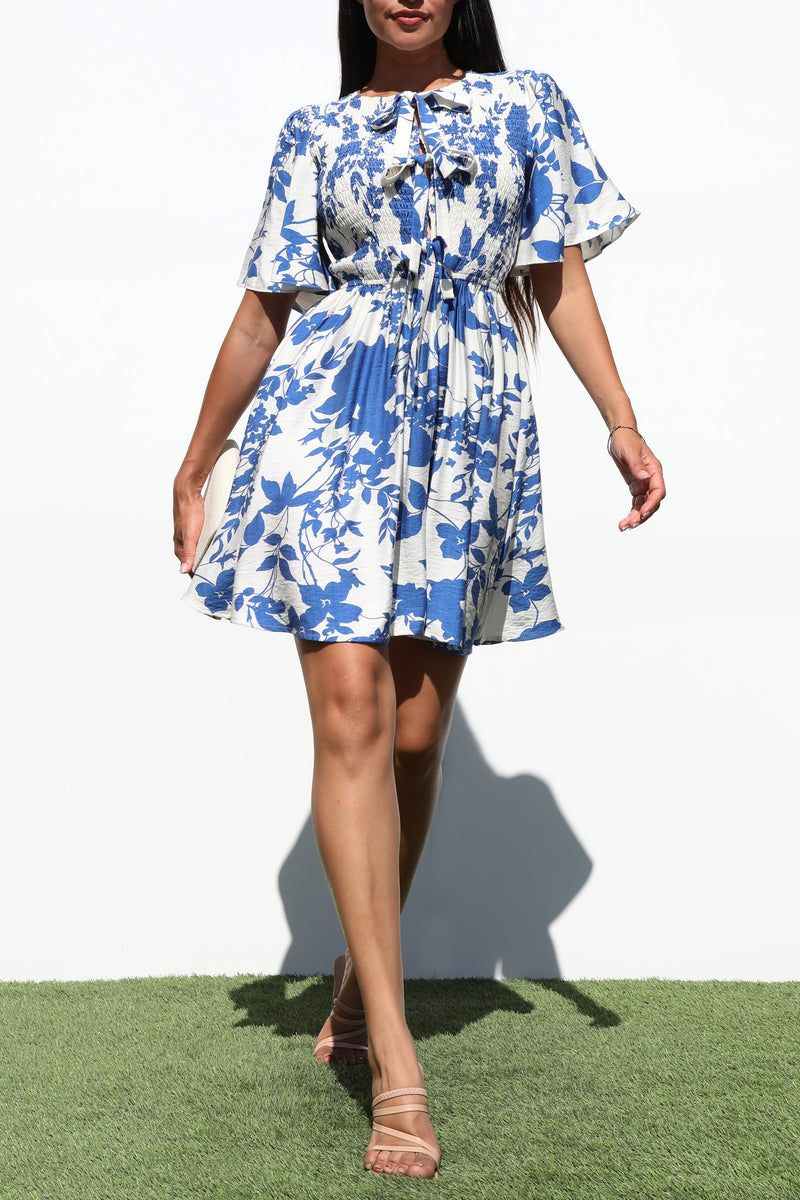 DD7245, SMOCKED TOP WOVEN MINI DRESSES