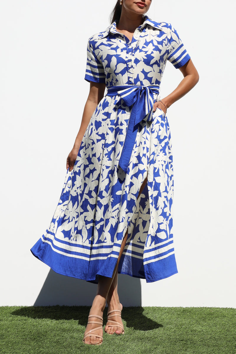 DD7188, PRINTED BUTTON DOWN MIDI DRESSES